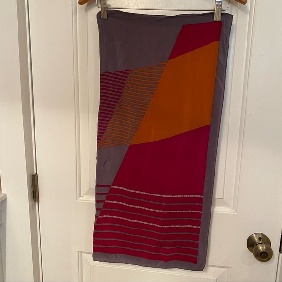 DIOR SCARF GRAY RED ORANGE SILK SQUARE LUXURY ACCESSORY STRIPES COLOR BLOCK - Picture 10 of 10